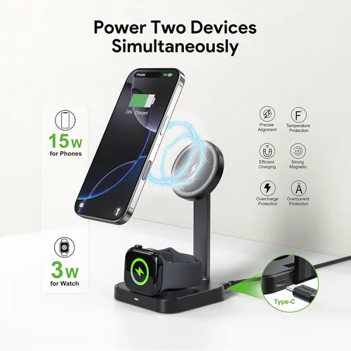 Miniatura 4 de Cargador inalámbrico 2 en 1 para iPhone y reloj, carga rápida de 15 W para teléfono y 5 W para reloj, soporte de cargador inalámbrico magnético