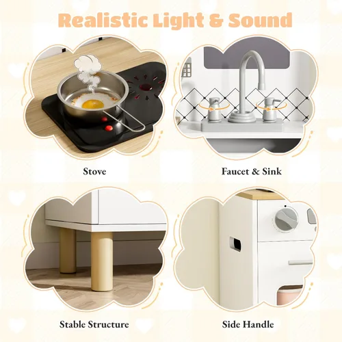 Miniatura 5 de Arlopu Juego de cocina de madera para niños con pizarra, luces y sonidos realistas, cocina interactiva con estufa, dispensador de agua, 6 utensilios