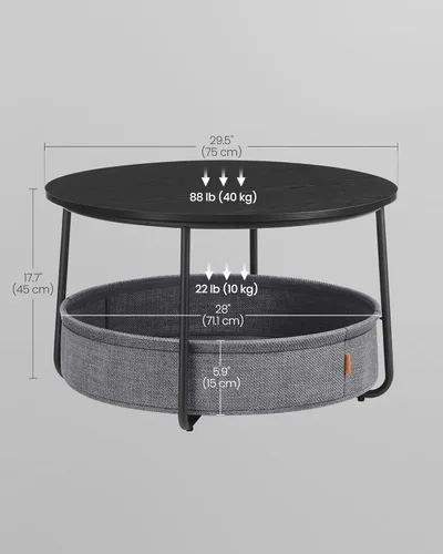 Miniatura 3 de VASAGLE Colección LILEA - Mesa de centro con almacenamiento, mesa redonda para sala de estar con cesta de tela, estilo moderno, marco de metal
