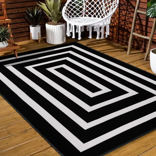 Miniatura 2 de LEEVAN Alfombra de algodón tejido a rayas en blanco y negro de 3 x 5 pies, reversible, plegable, lavable, para interiores y exteriores, alfombra