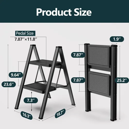 Miniatura 6 de WOA WOA Escalera de 2 escalones, taburete plegable con pedales anchos, taburete portátil para adultos, escaleras de acero resistente para el hogar