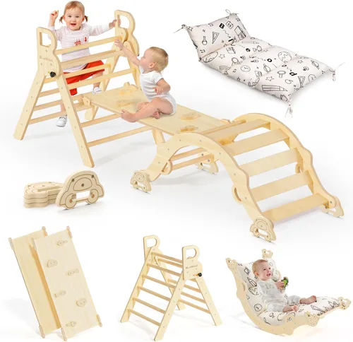 Miniatura 15 de BlueWood Set de Triángulo Pikler con Cojín, Juguetes de Escalada 8-en-1 para Niños Pequeños, Gimnasio de Juegos con Filosofía Montessori con Arco