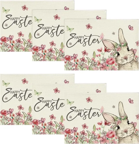 Miniatura 8 de Artoid Mode Juego de 4 manteles individuales de Pascua con diseño de conejo, diseño floral, 12 x 18 pulgadas, para decoración de fiestas, cocina
