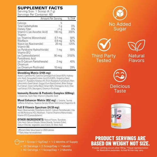 Miniatura 3 de EHP Labs OxyShred Polvo de Pre Entrenamiento - Polvo de preentrenamiento con L glutamina y acetil L carnitina, bebida de refuerzo de energía