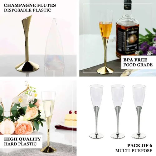 Miniatura 4 de Efavormart - Juego de 6 copas de champán de plástico plateado de 5 onzas con base desmontable, elegantes vasos desechables para recepciones