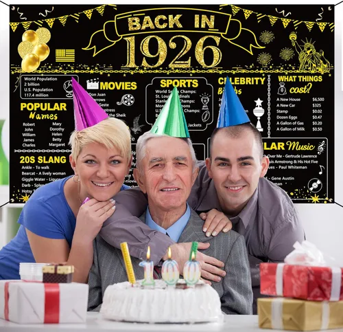 Miniatura 4 de DARUNAXY 100 cumpleaños de oro negro decoración de fiesta, pancarta de "Back in 1926" póster de fiesta de 100 años suministros, 6x3.6 pies gran