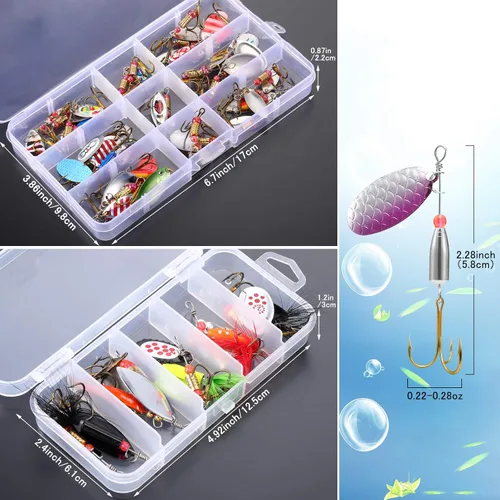 Miniatura 2 de Skylety 40 piezas de señuelo de pesca de metal duro colorido cebo giratorio con caja de aparejos cuchara de trucha señuelos de pesca para lubina
