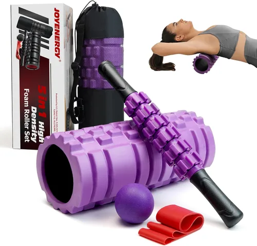 Miniatura 7 de JOYENERGY Juego de rodillo de espuma 5 en 1, rodillo de espuma de punto de activación, palo de masaje, bola de masaje, correa de estiramiento