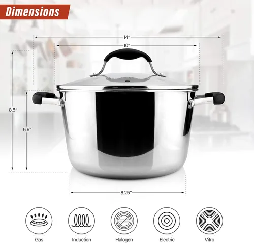 Miniatura 2 de AVACRAFT Horno Holandés de Acero Inoxidable Tri-Ply 18/10, Sartén de Chef con Tapa de Vidrio, Compatible con Inducción, Olla Multiusos para Caldo, 5