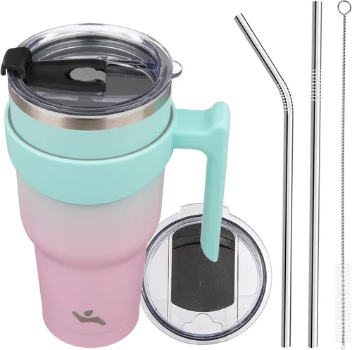 Miniatura 29 de Konokyo - Vaso de 10 onzas con asa y 2 popotes, 2 tapas, botella de agua aislada de acero inoxidable, taza de viaje reutilizable, color verde militar