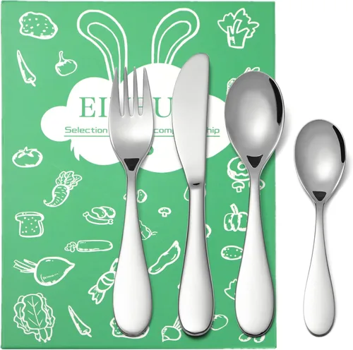EIUBUIE- Juego de cubiertos para niños, utensilios de acero inoxidable 18/10 para niños, cubiertos seguros y reutilizables, incluye tenedor,