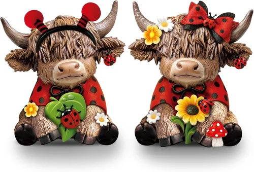 Miniatura 23 de Karenhi 2 piezas de figuritas de vaca de las Tierras Altas para el Día de la Madre, figuritas de gnomo de vaca con flores y corazón de MADRE