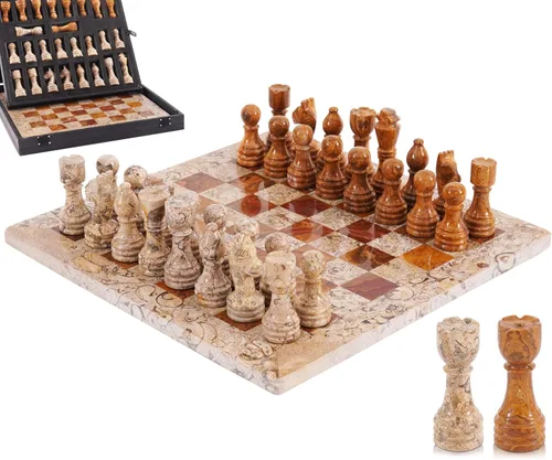 Juego de ajedrez de mármol de 12 pulgadas hecho a mano coral y marrón oscuro con caja de almacenamiento, juego de ajedrez de viaje clásico para