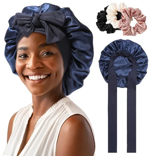 Miniatura 14 de Gorro de satén para mujer, con banda de amarre para el cabello, para dormir, grande de 2 capas, gorro de dormir de seda para dormir con 3 coleteros
