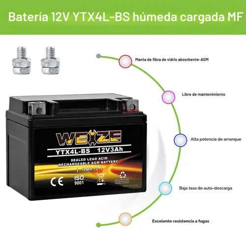 Miniatura 4 de Weize YTX4L-BS - Batería de motocicleta sellada recargable de alto rendimiento compatible con Polaris Scrambler, Sportsman 90, Honda Scooters NQ50