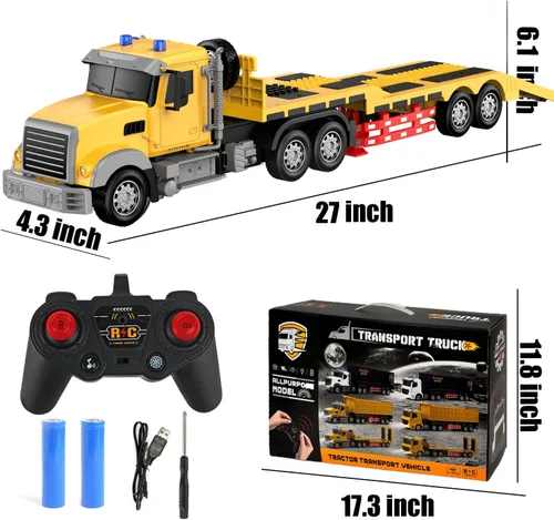 Miniatura 8 de Semirremolque de control remoto con remolque, tractor de ingeniería de semirremolque RC de 24 pulgadas con juguetes de rodillos de carretera, camión
