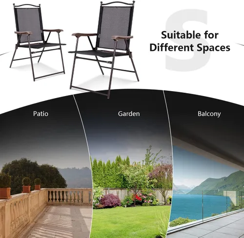 Miniatura 8 de TANGZON Set of 2 Folding Garden Chairs, Portable Steel Frame High Back Chair Set with Armrests, Indoor Outdoor Weather Resistant Dining Seat for