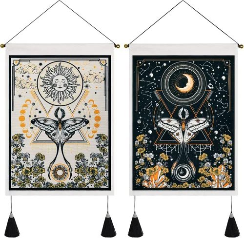 Miniatura 9 de Paquete de 2 tapices de sol y luna, tapiz blanco y negro con diseño de vid de flores, para colgar en la pared para habitación (13.8 x 19.7 pulgadas)