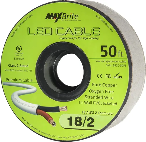 Cable LED de bajo voltaje 18AWG de 50 pies, 2 conductores, funda blanca, cable para altavoces para instalación en pared, UL Listed certificado Clase