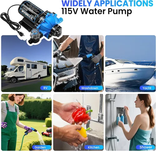 Miniatura 6 de Bomba de agua dulce de diafragma de 5 cámaras de 110 V, 7.5 GPM, 80 PSI, bomba de refuerzo autocebante con interruptor de presión resistente