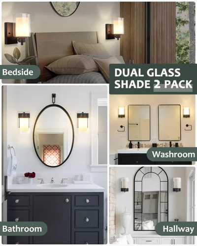 Miniatura 6 de Paquete de 2 Luminarias de Tocador de Baño de 1 Luz, Luz de Pared Negra para Interiores con Pantalla de Vidrio Dual, Aplique de Pared de Baño