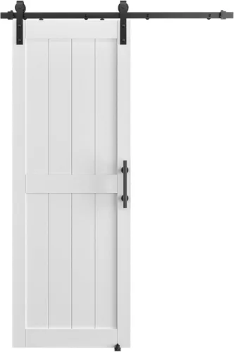 Miniatura 7 de Puerta corredera de granero de 28 x 84 pulgadas con kit de herrajes para puerta de granero de 5 pies, mango y guías de suelo, agujeros Blanco