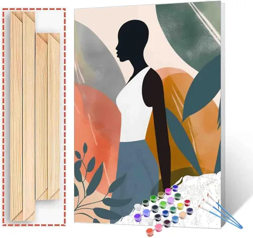 Miniatura 8 de Pintura de niña afro a la moda, kits de pintura por números, 16 x 20 pulgadas, lienzo de hojas tropicales, pintura al óleo para niños y adultos