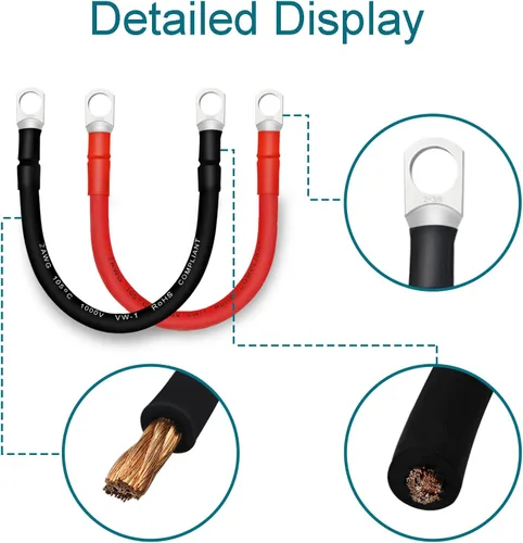 Miniatura 5 de Cable de batería, cables de batería 2 AWG con terminales, 2 cables de batería de cobre (1 pie).