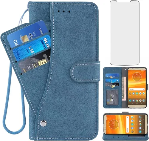 Asuwish Funda tipo cartera compatible con Moto E5 Plus E 5 Supra y protector de pantalla de vidrio templado, soporte para tarjetas con tapa para
