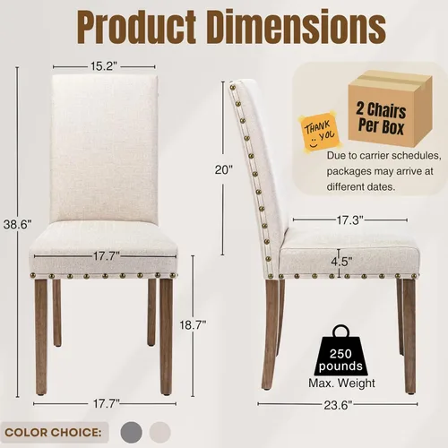Miniatura 2 de Juego de sillas de cocina Parsons para comedor, tapizado moderno, elegante, de tela, con respaldo alto y ribete de cabeza de clavo color bronce