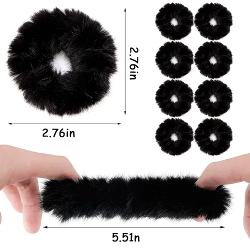 Miniatura 2 de Coleteros Difusos Fuzzy Scrunchies 8 PCS Ligas Negras para el Cabello Lindas Bandas para el Cabello con Piel de Conejo Sintética Ligas Elásticas