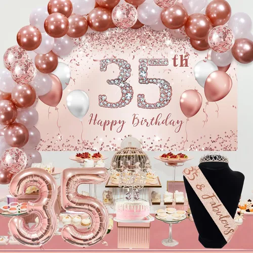 Miniatura 5 de Trgowaul Juego de globos decorativos de cumpleaños número 35, arco de mujer, pancarta de cumpleaños número 35 de oro rosa y mantel de fiesta