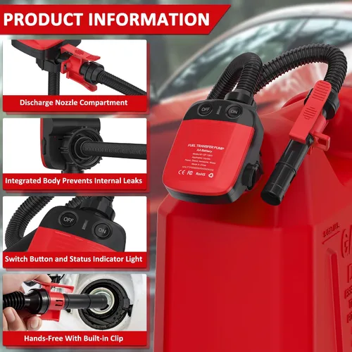 Miniatura 7 de Bomba de transferencia de combustible Aoteda alimentada por batería con sensor de parada automática, protección contra fugas (2.4 GPM), manguera