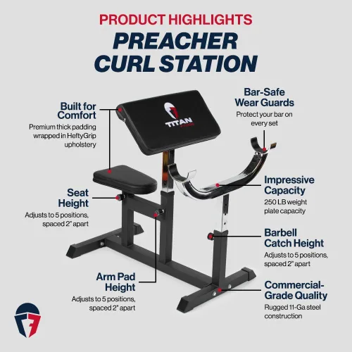 Miniatura 2 de Titan Fitness Estación de peso ajustable de predicador, capacidad de 250 libras, asiento de banco ajustable, reposabrazos ajustable, cierres