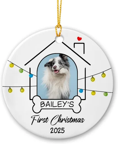 Miniatura 16 de Marco de fotos conmemorativo personalizado para mascotas, adorno de Navidad 2025, Un pedazo de mi corazón vive en el cielo, adorno de cerámica