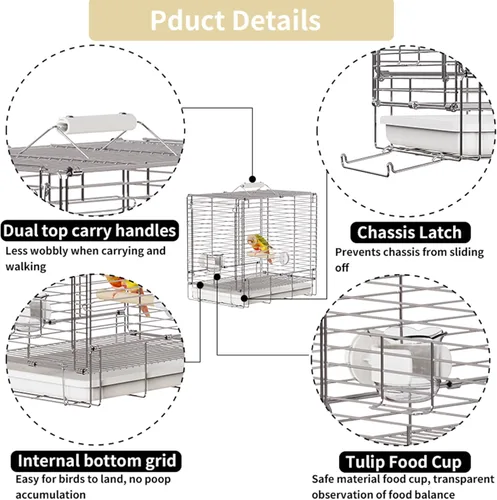 Miniatura 5 de Transportín Jaula de Viaje para Pájaros – Jaula de viaje plegable portátil de acero inoxidable 304 con recipientes de alimentación para loros