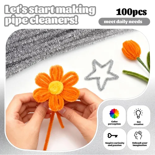 Miniatura 4 de 100 limpiadores de pipas para manualidades, tallos de felpilla plateada, limpiador de pipas con purpurina para el día de la madre, creativo hecho a