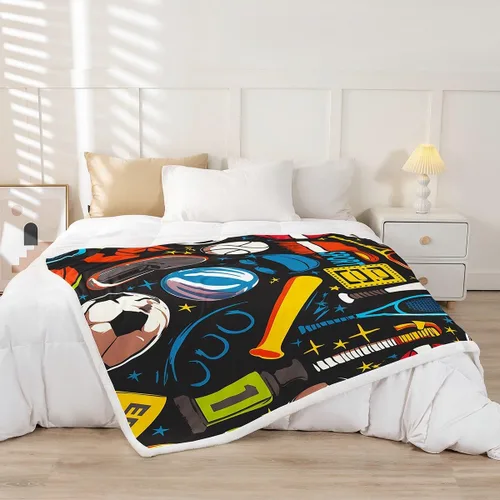 Miniatura 2 de Feelyou Manta Deportiva de Felpa Sherpa para Lanzar, Baloncesto, Fútbol Americano, Béisbol, Tenis, Manta Suave y Mantas con Patrón de Pelota, Manta