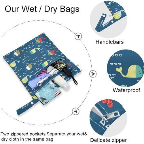 Miniatura 5 de visesunny Bolsa húmeda divertida de ballenas y peces coloridos para niños, 2 piezas, con bolsillos con cremallera, lavable, reutilizable, espaciosa
