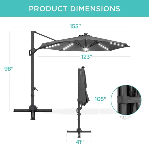 Miniatura 7 de Best Choice Products Sombrilla Solar LED Voladiza de 10 pies para Patio, Rotación de 360 Grados, Sombrilla Colgante Descentrada de Mercado para Gris