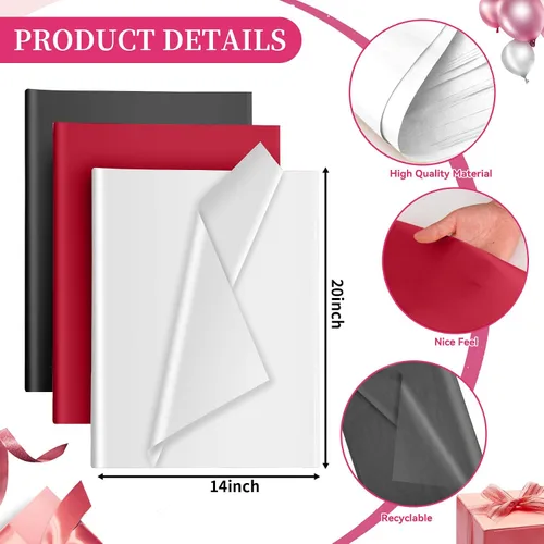 Miniatura 2 de 30 hojas de papel de seda negro, blanco y rojo para bolsas de regalo, papel de seda a granel para decoración de bodas, cumpleaños, proyectos
