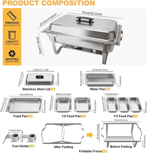 Miniatura 3 de Festa Essential Juego de 4 Platos de Roce para Buffet de Acero Inoxidable 5 QT Redondos y 8 QT Rectangulares, Calentadores de Alimentos con Bandeja