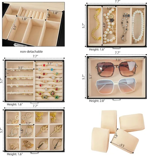 Miniatura 2 de AKOZLIN Joyero de 5 niveles con cerradura de cuero con 4 cajones para mujeres y niñas, anillo collar, aretes, pulsera, relojes, organizador