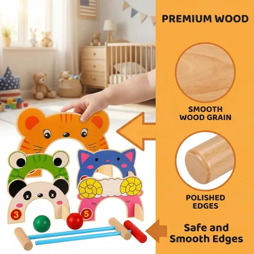 Miniatura 8 de Toddmomy Juego de croquet de madera de animales para niños, juego completo familiar para interiores y exteriores con 5 cubos de animales y 2 mazos