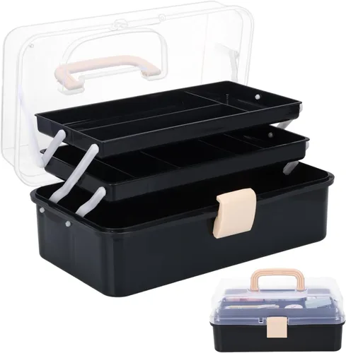 Organizador de manualidades, caja de aparejos plegable portátil de 3 capas, caja de herramientas de plástico con asa para suministros de costura,