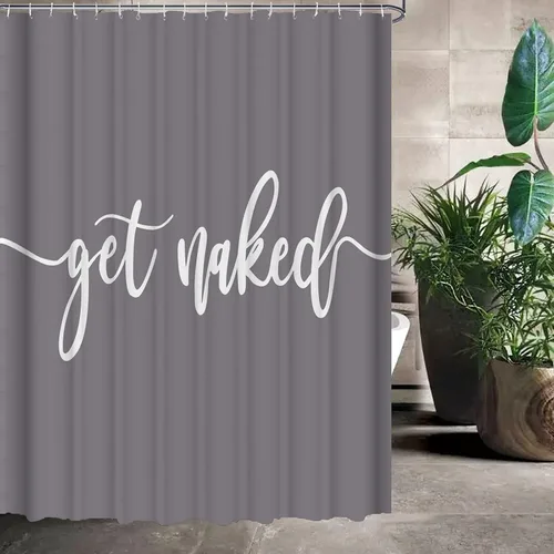 Miniatura 3 de Cortina de ducha divertida y linda con texto en inglés «Get Nake», fondo gris, palabras blancas, lavable a máquina, juego de decoración de baño