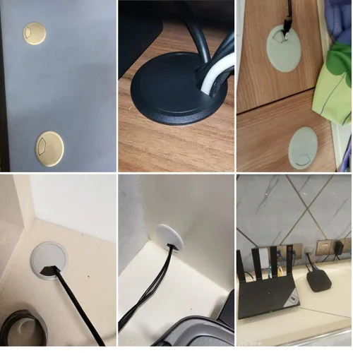Miniatura 6 de Paquete de 4 ojales redondos de escritorio de oficina de 2 pulgadas, tapas de agujeros para cables, organizador de cable con hebilla oculta