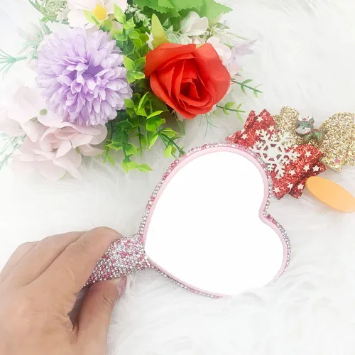 Miniatura 5 de LOPURO Espejo de mano con forma de corazón de diamantes de imitación, espejo de mano con diamantes de imitación, bonito espejo de mano cosmético