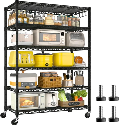 Miniatura 8 de PrimeZone Estantería de alambre de 74 pulgadas de alto, 1250 libras, estantes de almacenamiento de 5 niveles con ruedas, certificado NSF, estante