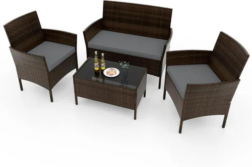 Miniatura 14 de RELAX4LIFE Juego de muebles de patio de 4 piezas – Juego de muebles de ratán para conversación al aire libre con cojines, mesa de centro de cristal